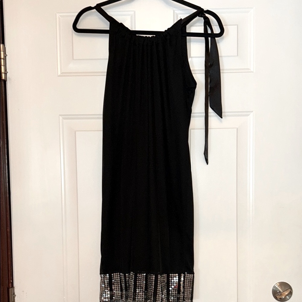 IZ Byer Formal Sequin Dress L Black Silver Hem Lined Adjustable Straps Y2K